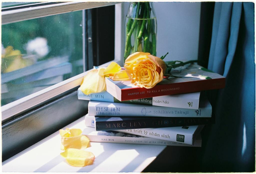 yellow rose on books on windowsill