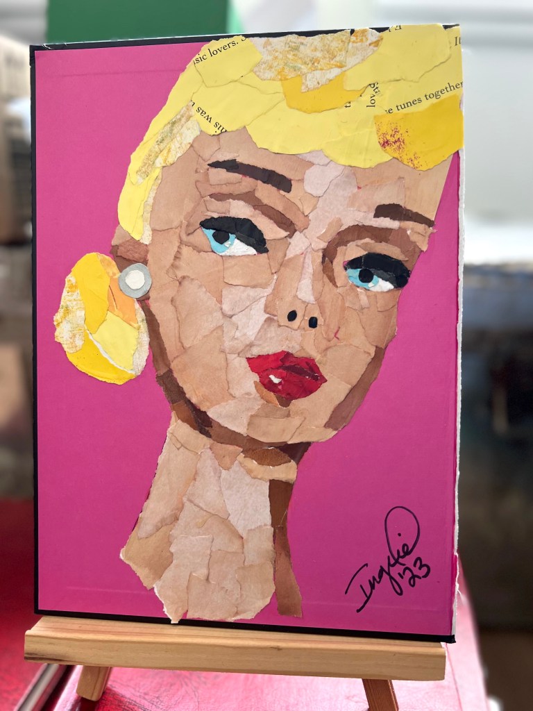 Barbie (torn paper collage on book cover endpaper) - Ingrid Spangler